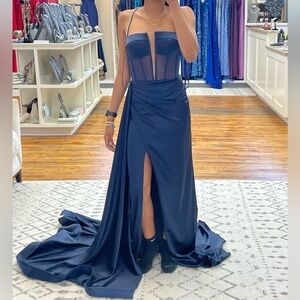 Navy blue Corset top dress with side train